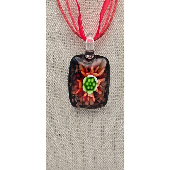Red Ribbon Cord Flower Art Glass Pendant Necklace - Picture 2 of 6